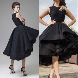 Dubai Arabic Hi-Lo Black Prom Dresses Handmade Flowers Full Lace Ruffles Tiered Formal Party Gowns Robe De Soiree Evening Wear 0430