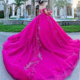 Dresses Hot Pink Shiny Quinceanera Mexican Sweetheart Lace 3Dflower Puffy Ball Gowns Off-Shoulder Applique Vestidos De XV Anos