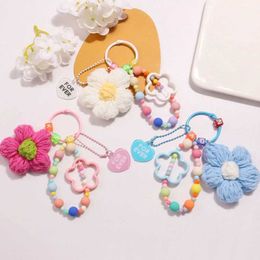 Keychains Lanyards Cartoon Wool Knitted Flower Keychain Beaded Bracelet Lace Girl Bag Pendant Charm Gift Q2404291