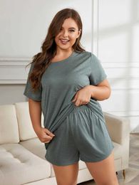 Women's Sleepwear Plus Size Womens Pajamas Set Solid Color T Shorts 2 Pieces Slpwear Elastic Nightwear Homewear Like Leisure Home Clothes Y240426