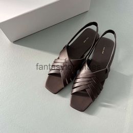 The Row Pure shoes Original Small * TR Genuine Leather Weaving Open Toe Shoes with Back Hollow French Square Head Flat Bottom Roman Women's Sandals