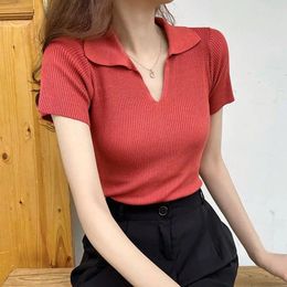 Women's Polos Coquette Clothes Slim Plain Polo Neck Shirt For Women Sexy Knitted Woman T Y2k Fashion With Collar Luxury Offer On