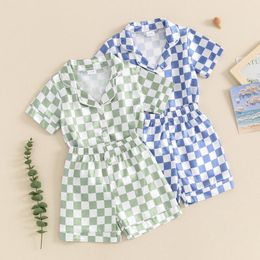 Clothing Sets FOCUSNORM 1-6Y Toddler Kids Boys Summer Pyjama Clothes 2pcs Checkerboard Plaid Print Short Sleeve Lapel Shirt Shorts