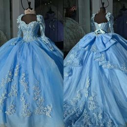 Ball Baby Dresses Gown Blue Princess Prom Long Sleeves Beaded Lace Appliqued Vestido De Quinceanera Sweep Train Tulle 15 Masquerade Dress