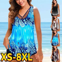 Women's Swimwear 2024 Summer Abstract Printing Two-Piece Set Tankini Women Vintage Beachwear Ladies Loose Size Bathing Suit