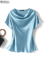 Women's Blouses Shirts Womens Summer Top ZANZEA 2023 Fashion Satin Top Short sleeved Blue Womens O-neck Casual Home Clothing Tone Adjustment Chemical ExcessiveL2405