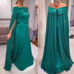 Off Shoulder Sheath Evening Dress Long Formal Dress Satin Party Prom Gown with Cape