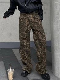 Women's Jeans Y2k High Street Baggy Leopard Print Women Vintage Fashion Waist Cargo Denim Pants Casual Wide Leg Trousers