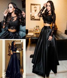 Sexy Two Pieces Arabic Evening Dresses Ball Lace Long Sleeve Black Plus Size 2018 Saudi African Prom Party Women Gowns Formal Wear2553456