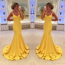 Cheap Simple Modest Satin Long Yellow Mermaid Dress Spaghetti Straps Sweetheart Sweep Train Prom Party Dresses Vestido De Festa 0430