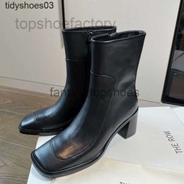 The Row crowd shoes Small Shoes TR Women Designers Dress Rois leather thick high heel short boots for women French side zipper square head thin new ZQ3H CK0E