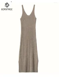 Casual Dresses Birdtree 30% Cashmere 70% Wool Striped Split Sling Dress Women Sleeveless Autumn Winter Solid Versatile Pullover D30517QC