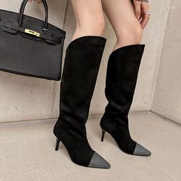 Boots Rhinestone Knee High Knight Sequin Fabric Women Botas Long Tube Stiletto Heels Ladies Shoes Faux Suede Sapatos Feminino