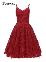 Casual Dresses Tonval Chic Red Fringe Evening Birthday Elegant Christmas Dress For Women Spaghetti Strap Vintage Knee Length Party 2024