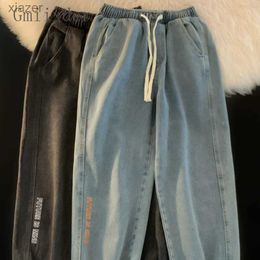 Мужские джинсы Американские ретро -эластичные джинсы талии модные мужские улица Свободная случайная спортивная и персонализированная мужская одежда с нижней частью WX