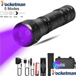 Charging Flashlight Outdoor Strong Tactical Flashlights Torches Uv Traviolet Torch With Zoom Function Mini Black Light Pet Urine Stains Detector Sco Dhot5 YM16