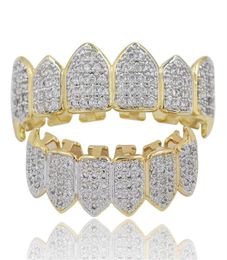 Fashion teeth grillz Real gold plated Dental Grills CZ Micro Paved Hiphop Teeth Grillz TopBottom Grill Hip Hop Bling Men Jewelry 4136566