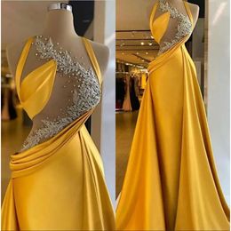 Overskirt With Gold Prom Crystals Mermaid Dresses Beaded Illusion Top Satin Custom Made Ruched Evening Party Gowns Vestidos Formal Ocn Wear Plus Size