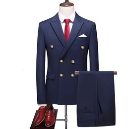 Fashion Mens Leisure Boutique Double Breasted Solid Colour Suit 2 Piece Set Drees Blazers Jacket Pants Trousers Two Pcs 240430