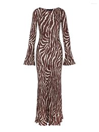 Casual Dresses Women Y2k Boho Long Sleeve Maxi Dress Floral Zebra Print Flared Cuff Ruffle Crewneck A Line Streetwear