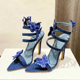 Dress Shoes Embroidery Butterfly Ankle Strap High Heeled Sandals Women Sexy Pointed Toe Gladiator Heels Summer Party Denim Blue H240430