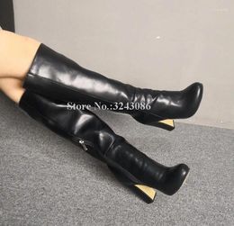 Boots Real Pos Black Leather Chunky Heel Knee High Women Fashion Round Toe Thick Long Winter Shoes