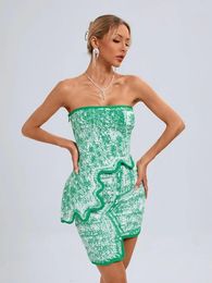 Work Dresses Summer Sexy Asymmetric Strapless Top Mini Skirts Two Piece Set Women Green Printed Sleeveless Bandage Suits Elegant Party Club