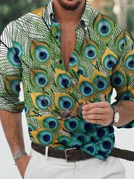 Men's Casual Shirts Trendy Shirt Lapel Button-Down Peacock Feather Pattern Long Sleeve Top Club Cardigan S-6XL