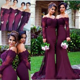 Bury Grape Mermaid Bridesmaid Cheap Dresses Off Shoulder Lace Appliques Long Sleeves Custom Floor Length For Wedding Maid Of Honor Gowns