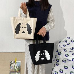 Shopping Bags White Black Cotton Cloth Canvas Tote Bag Cute Cartoon Dog Shopper Casual Ladies Handbag Lunch Box For Women Girl 2024