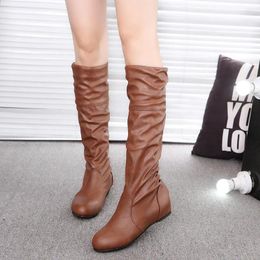 Boots Europe Women Flat Thigh High Leather Round Toe Knee-High Fashion Luxury Sexy Shoes Woman Size 34-43