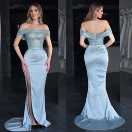 Mermaid Prom Blue cekiny z sukienki Elegancka sukienka wieczorowa na ramię koronka z tyłu podzielona formalna długa sukienka na imprezę OCN