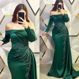 Elegant Emerald Off Muslim Evening Dresses Green Shoulder Long Sleeves Mermaid Turkish Kaftan Dress Pleats Beading Waist Side Train Formal Dresses For Women