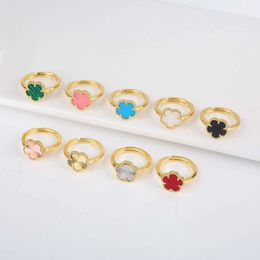 Band Rings Adjustable OpenShell New Hot Half Plum RFor Womens Stone Gold Plated Five Leaf Flower Cute Clover J240429