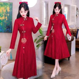 Ethnic Clothing Retro Chinese Traditional Red Wedding Qipao Dress Modern Improved Long Sleeve Embroidered Cheongsam Plus Size Women CNY