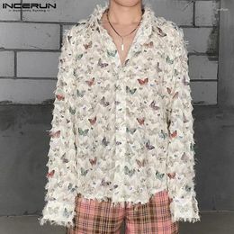 Men's Casual Shirts 2024 Men Shirt Printing Tassel Lapel Long Sleeve Button Clothing Loose Streetwear Korean Fashion S-5XL INCERUN