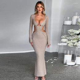 Casual Dresses 2024 Autumn Hollow Out Knitted Long Women Sexy V Neck Full Sleeve Lace Up Backless Bodycon Maxi Party Beachwear