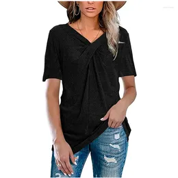Women's T Shirts V-neck Solid Color Cross Knot Loose Casual T-shirt