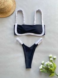 Women's Swimwear New Black White Splicing Bikini Set Women Sexy Bandeau Push Up Micro Swimsuit 2024 Summer Bathing Suit Pleate Thong Swimwear Y240429