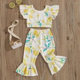 Clothing Sets FOCUSNORM 0-5Y Summer Little Kids Girls Boho Clothes Lemon Print Ruffles Sleeve T Shirts With Flare Pants
