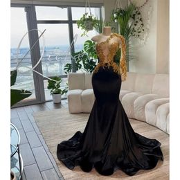 Long Sleeve Shoulder Gold One Applique Prom Dress For Black Girl 2024 Sparkly Gillter Mermaid Birthday Reception Gown Robe De Bal 322