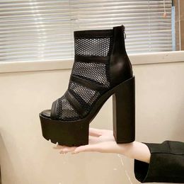 Dress Shoes High Heeled Sandals Women 2023 Summer Thick Heel Mesh Yarn Design Boots for Waterproof Platform Hollow Roman H240430