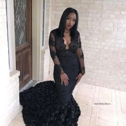 Black Girls Mermaid Deep V Neck Lace Applique Handmade Flowers Formal Dresses Evening Wear Party Gowns Vestidos 0430