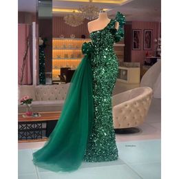Dark Green Mermaid Evening Dresses Sparkling One Shoulder Sequins Veet Tulle Floor Length Prom Dress Pageant Formal Gown Custom Made 0430
