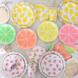 Disposable Plastic Tableware Tableware set for children and adults strawberry lemon citrus fruit cardboard Napkins wedding decoration barbecue picnic party WX