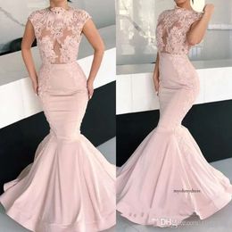 Elegant Pink Mermaid Evening Arabic High Neck Cap Sleeve Appliques Sequins Beads Long Ruched Formal Prom Party Gown Pageant Dresses 0430