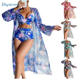 Women's Swimwear 2024 Summer Women Swimsuit 3 Pieces Printed Padded Tank Tops Boyshorts Set With Mesh Long-Sleeved Cover Ups Holiday Beach