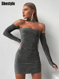 Casual Dresses Shestyle Sparkle Shine Sexy Dress Women Choker Necklace Off Shoulder Slash Neck Gliter Backless Mini Christmas Gift Outfit