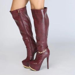 Boots 2024 Arrival Women Knee High Stiletto Heel Wine Red Sexy Round Toe Ladies Long Shoes US Size 4-15