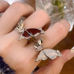 New Fashion CZ Zircon Rings Open Size Vintage Silver White Red Enamel Butterfly Finger Ring For Women Girls